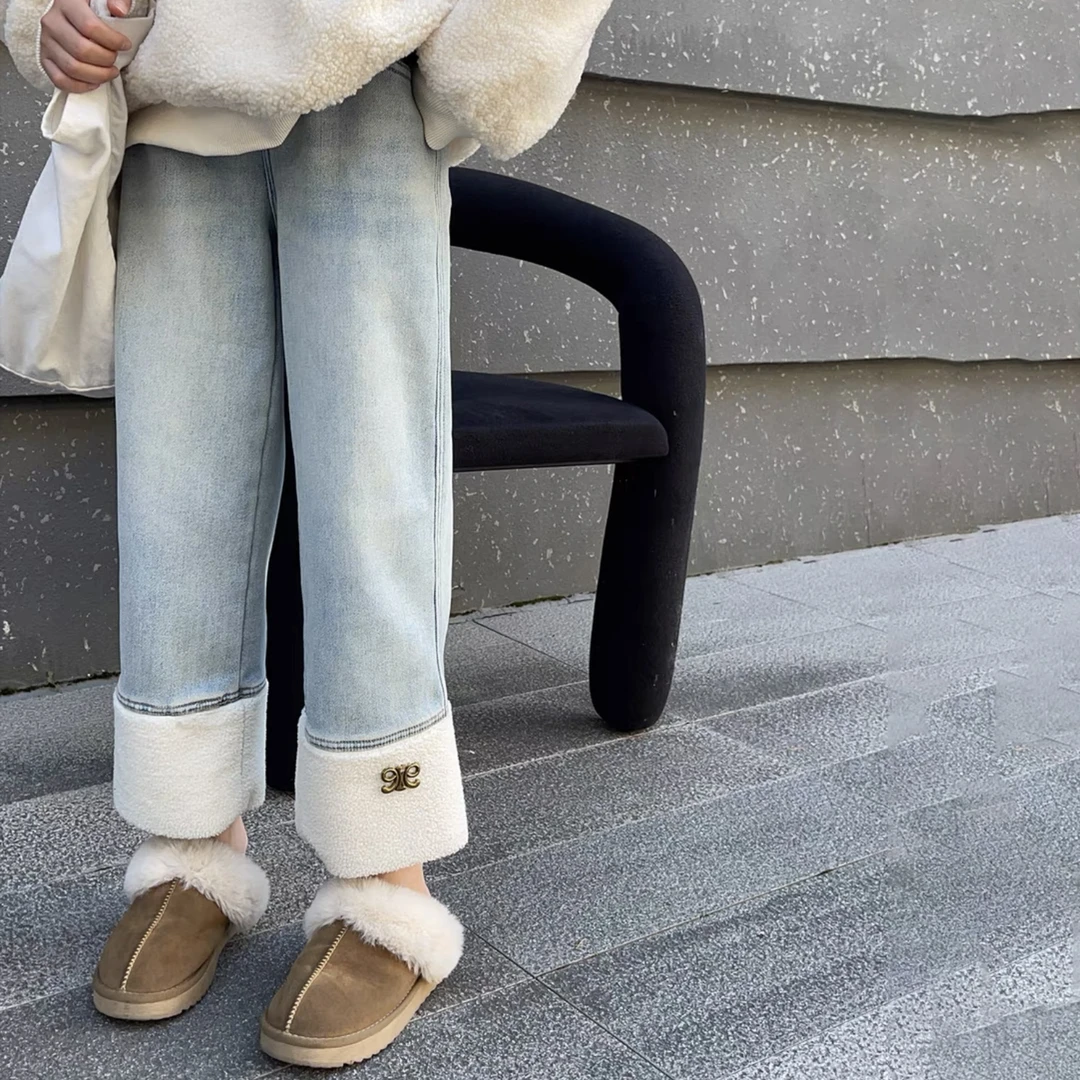 女童冬季加绒复古直筒牛仔裤2023新款儿童高腰显瘦休闲烟管裤子潮