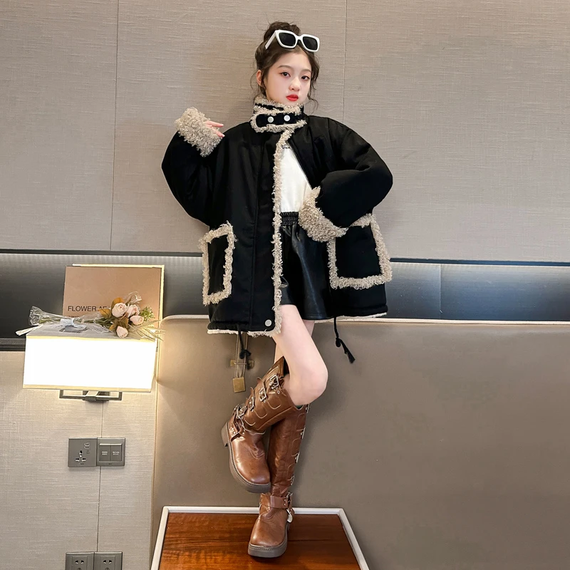 女童加绒外套2023冬季新款儿童洋气百搭宽松慵懒风大衣派克服童装