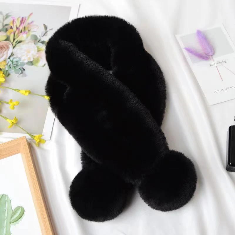 獭兔毛围巾米黑色单双球时尚百搭保暖毛绒简约洋气防寒