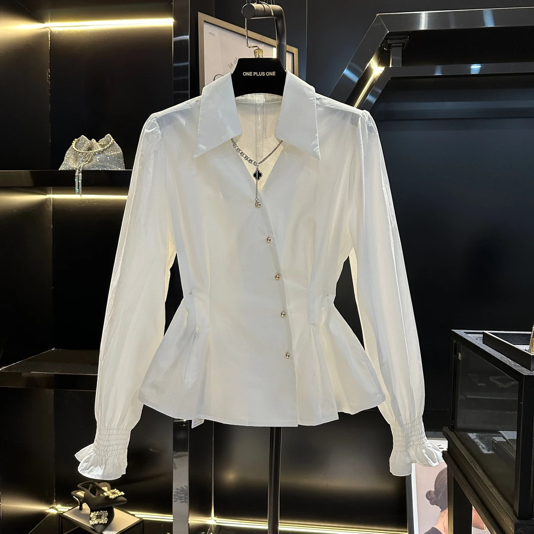 【SK专属】春夏新品时尚简约高级感斜扣收腰长袖衬衫 8912