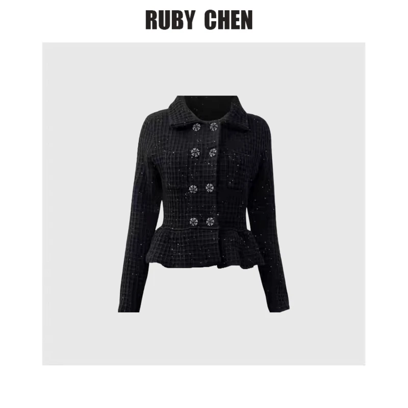 团子~2025春季小众气质名媛小香风双排扣亮片短外套女新