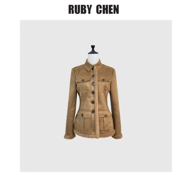 陈陈小众设计感修身毛绒棕色保暖加厚皮毛一体短外套女