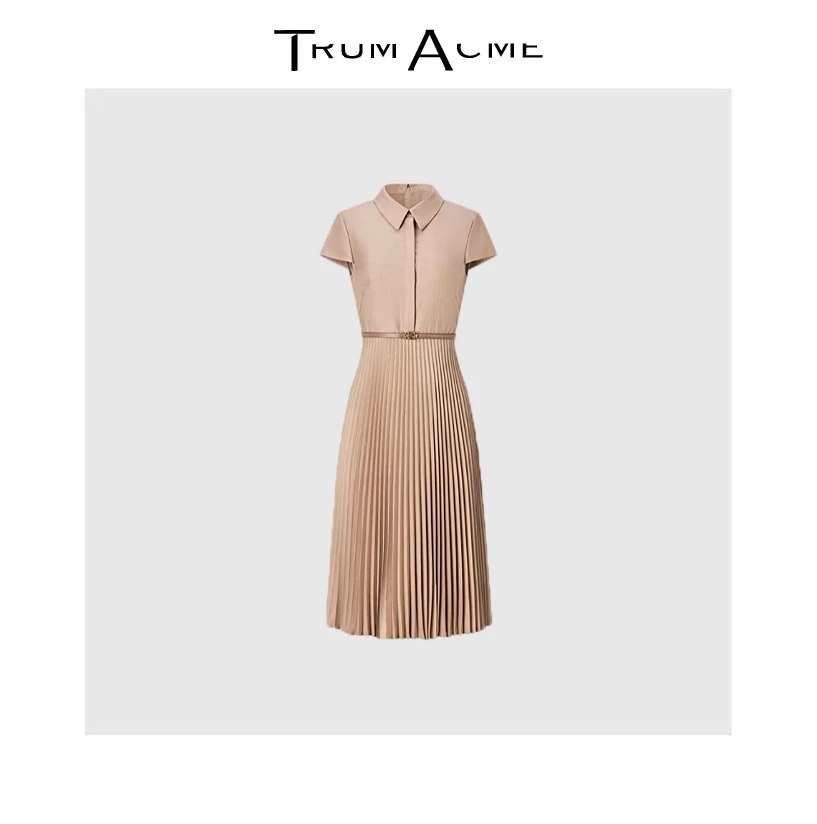 TrumAcme~衬衫领拼接设计感百褶收腰连衣裙女2025夏季新款高级裙