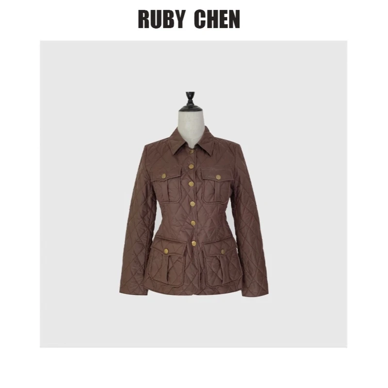 团子~气质时髦菱形格纹老钱风收腰修身棉服外套女2025春季外套