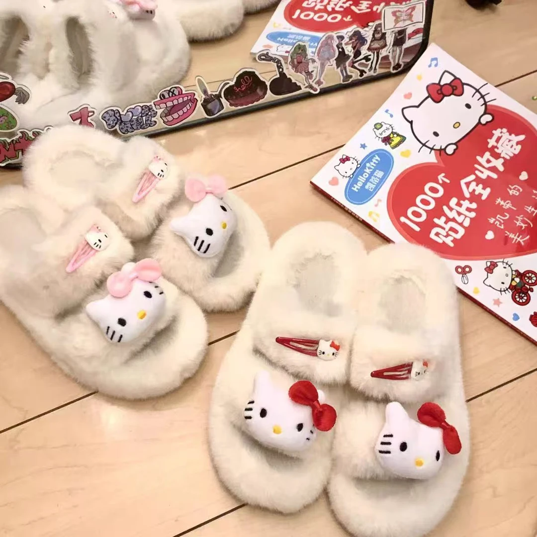 ins家用可爱网红横杠毛毛拖鞋女秋冬新款舒适百搭猫猫拖鞋