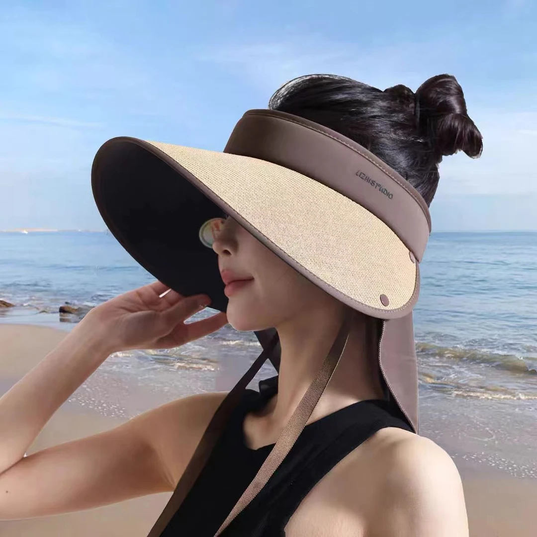 草编黑胶大檐空顶帽女夏季骑车冰丝护颈防晒户外帽子防紫外线韩版