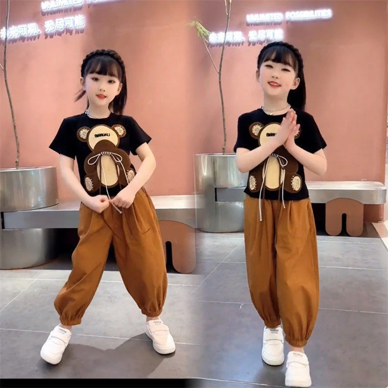 女童夏季套装2025女童夏装套装中大童小熊短袖时尚宽松女孩两件套