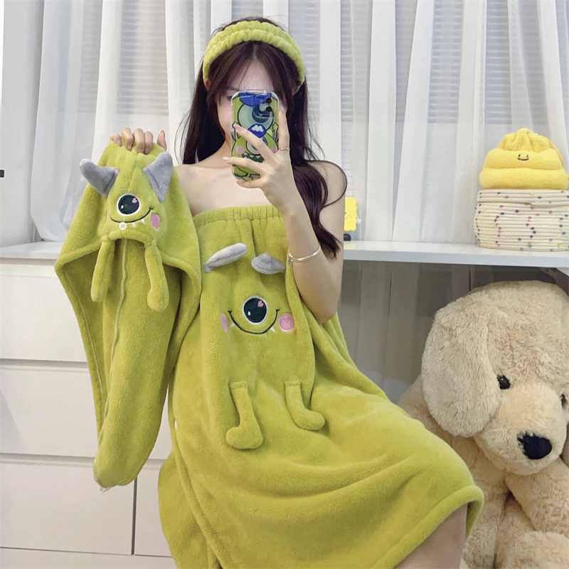 卡通搞怪丑鱼浴巾女生可穿可裹吸水浴袍干发帽大毛巾洗澡家用浴裙