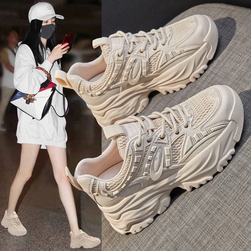 新款杏色老爹鞋女2023年秋季新款女鞋百搭女款夏款透气网红超火ZO