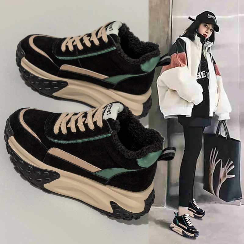高帮加绒老爹鞋女2023秋冬新款百搭保暖厚底松糕运动休闲棉鞋网ZO