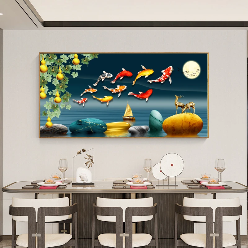 荷花九鱼客厅装饰画横版现代沙发背景墙挂画年年有鱼鲤鱼荷花壁画