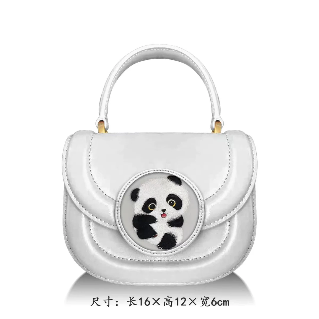 民族风熊猫刺绣手提马鞍单肩斜挎包