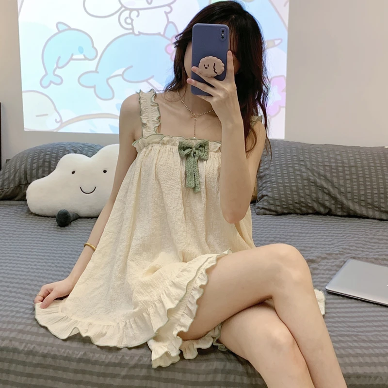 韩国睡衣女生夏季吊带短裤纯棉甜美蝴蝶结两件套家居服2023年新款