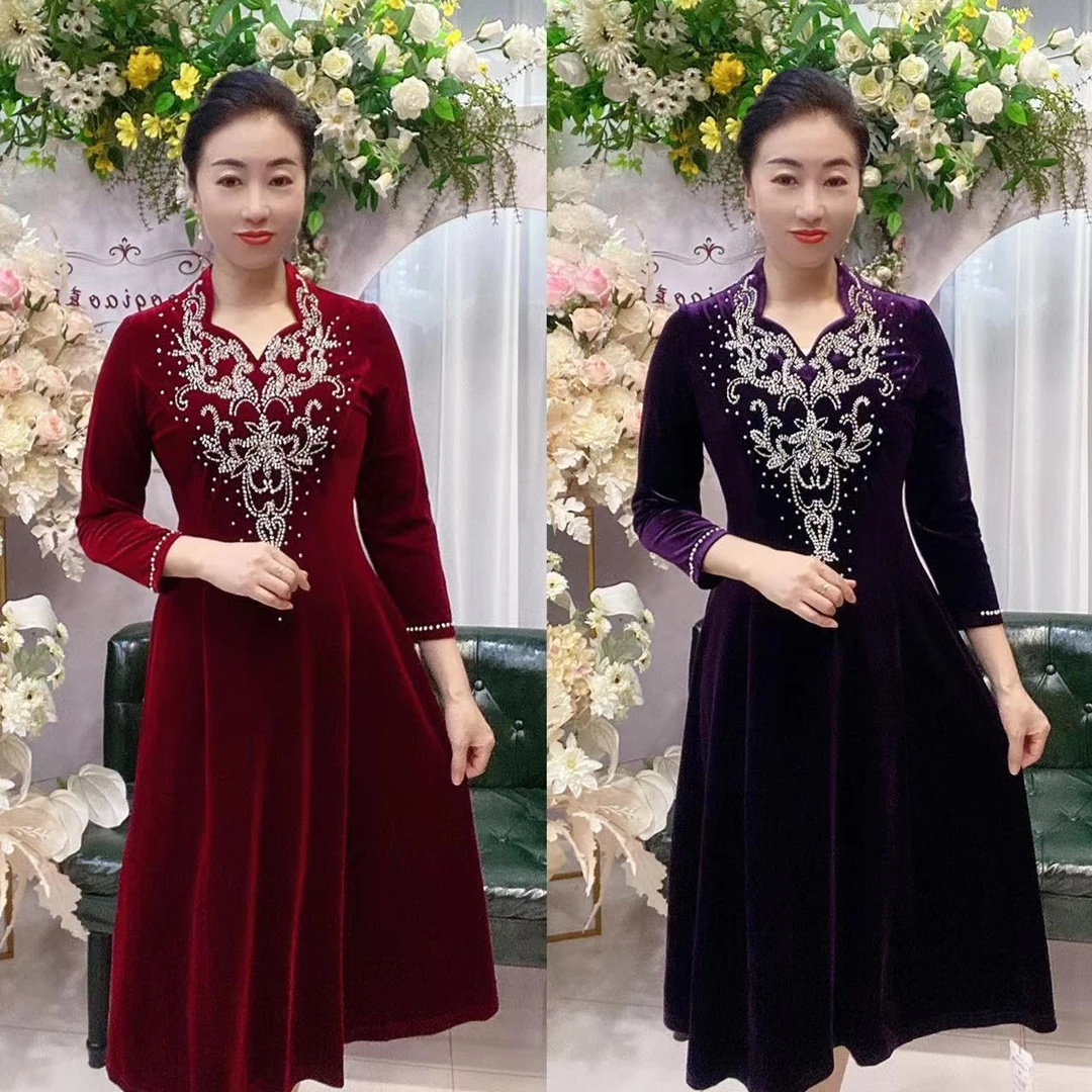 22911优雅气质喜妈妈丝绒礼服连衣裙