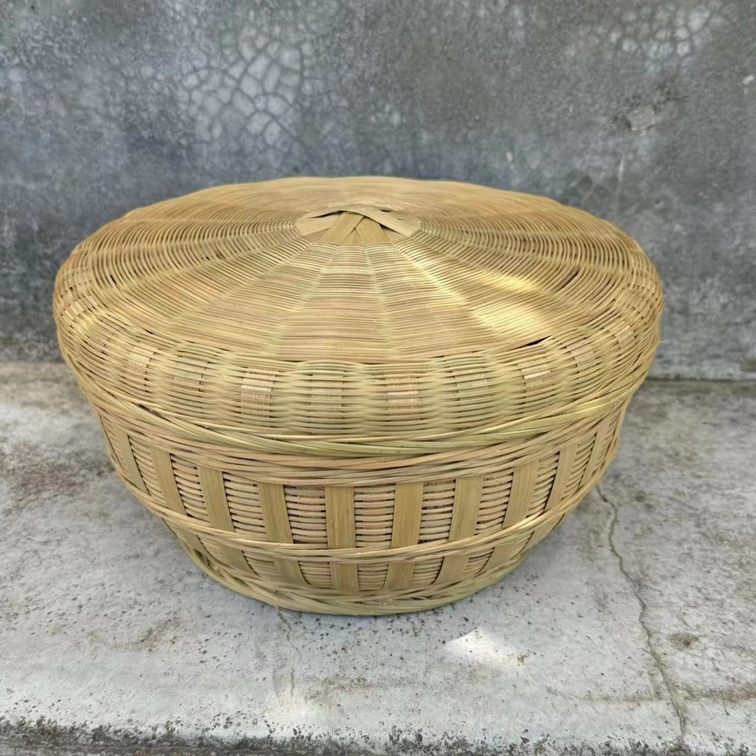 竹编带盖茶叶篮鸡蛋篮水果筐精编收纳筐直径23