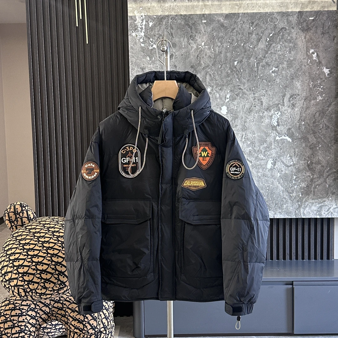 冬季新款男士潮牌贴标羽绒服时尚潮流百搭大兜连帽外套（国标80绒）
