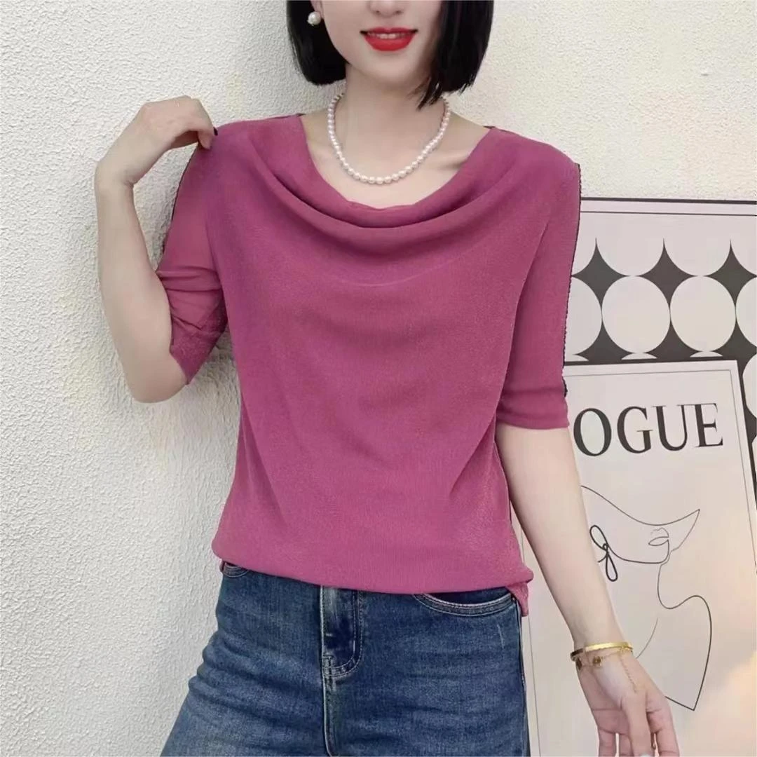 春夏新款网纱拼接T恤女宽松显瘦时尚百搭设计感中袖堆堆领上衣潮