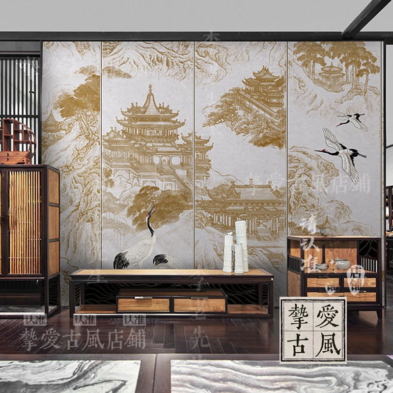 2024新款壁纸古风电视背景墙纸定制壁画新中式楼阁仙鹤装饰墙布