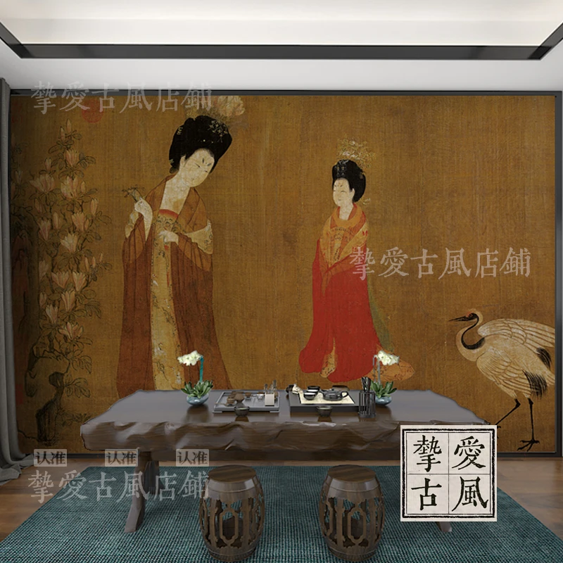 唐代美人簪花仕女图墙纸国画中式古典壁纸饭店民宿摄影背景墙壁画