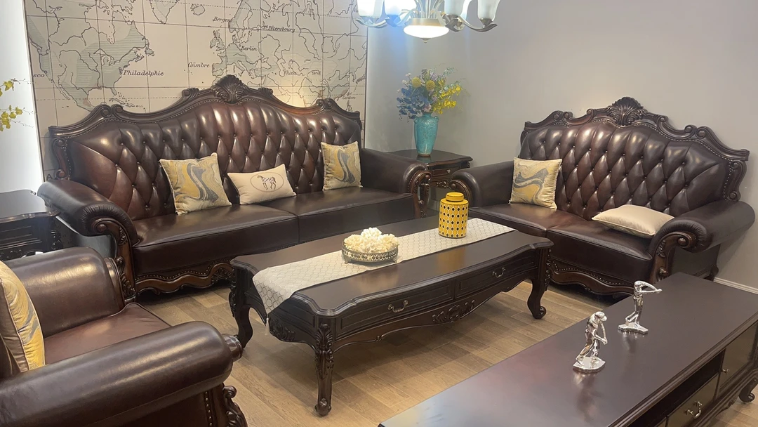 金丝黄檀木 666 美式实木沙发客厅轻奢欧式皮艺古典雕花组合