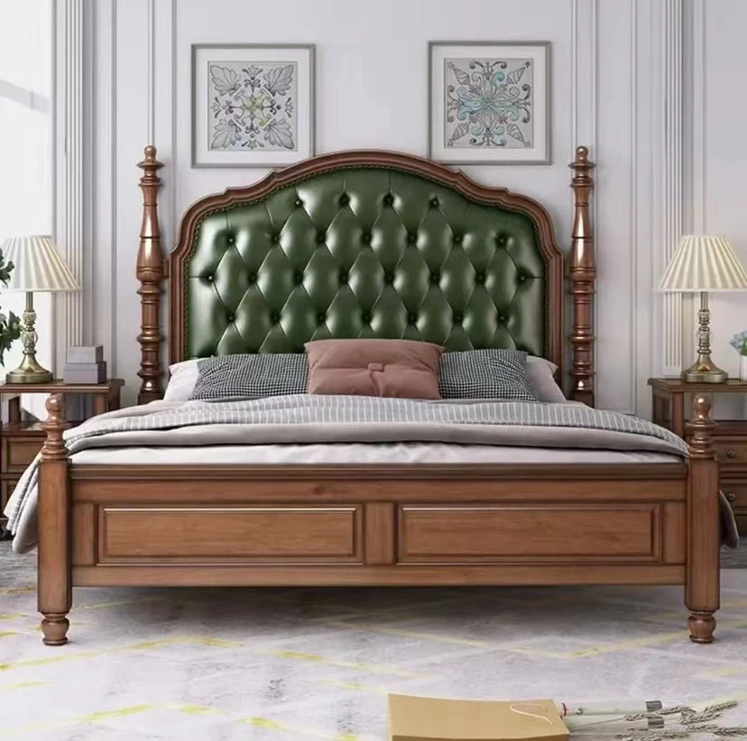 美式乡村实木床软包双人床婚床家具复古床高箱欧式原木大床公主床