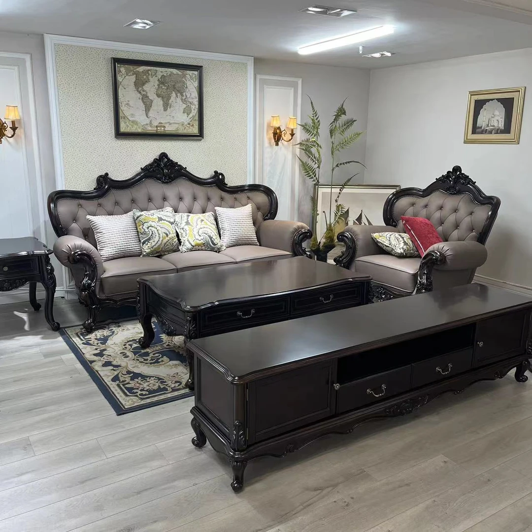 金丝黄檀木888美式实木沙发客厅欧式皮艺别墅雕刻沙发组合头层皮