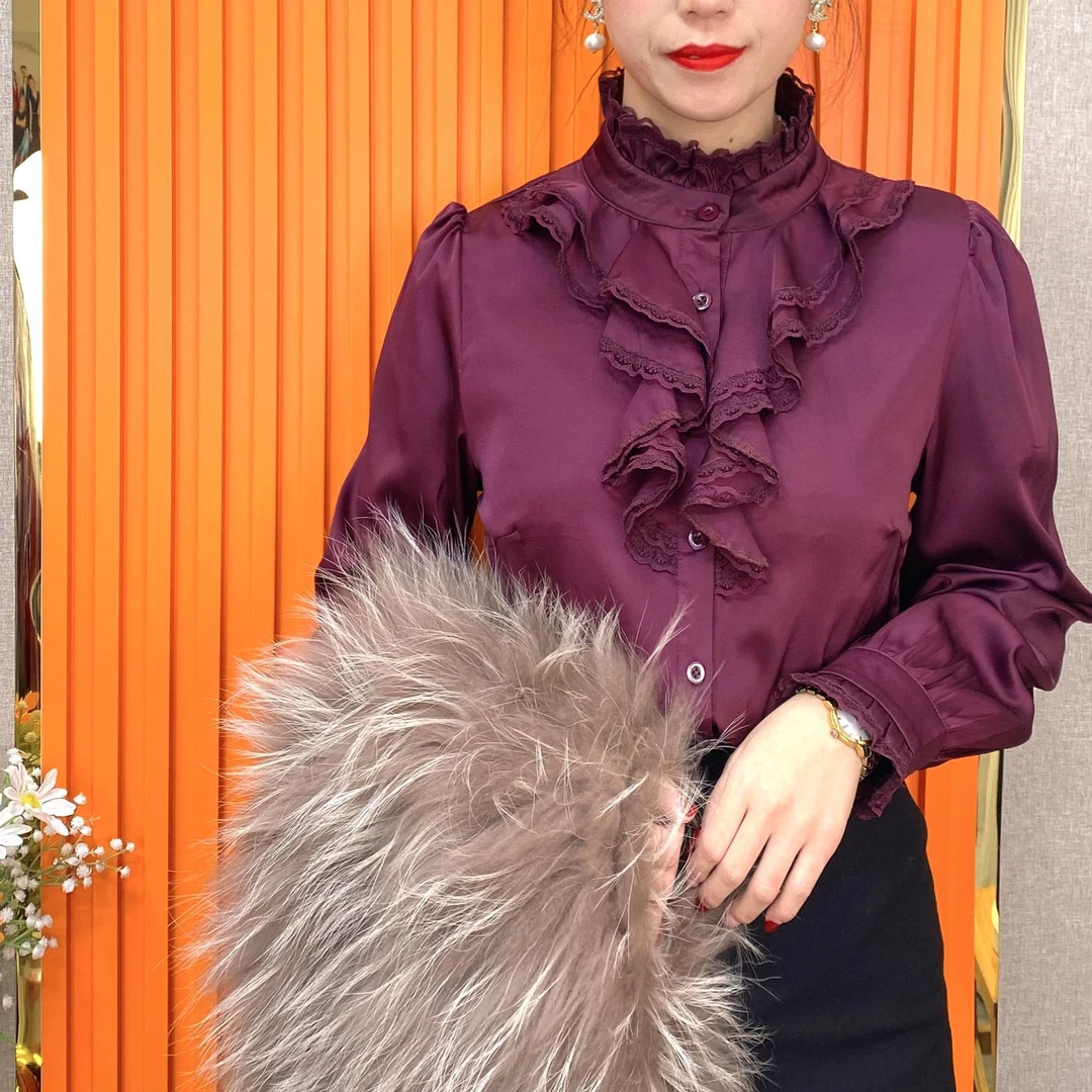 可菲新款秋冬季衬衫荷叶边立领洋气时尚女长袖高端衬衣上衣1776