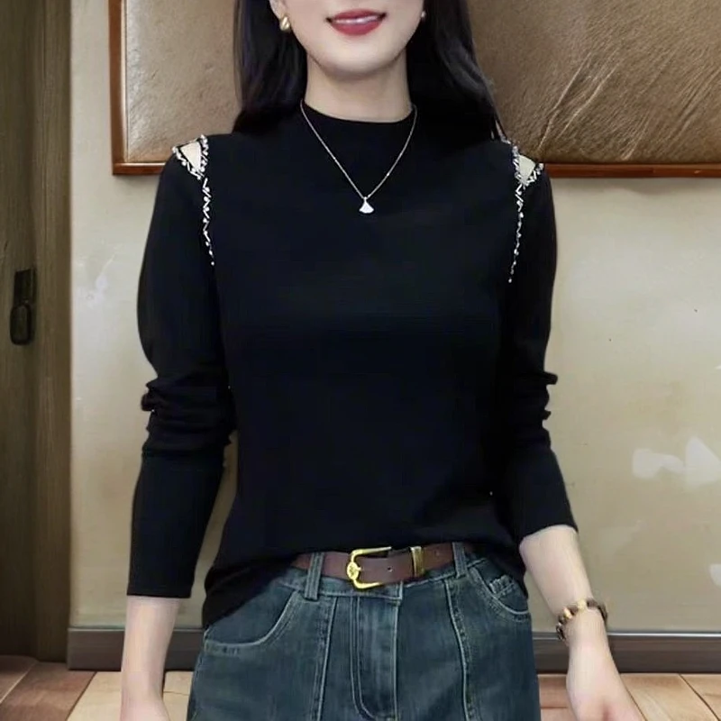 欧货高端2024秋冬新款纯色串珠半高领长袖衫小心机设计感显瘦上衣