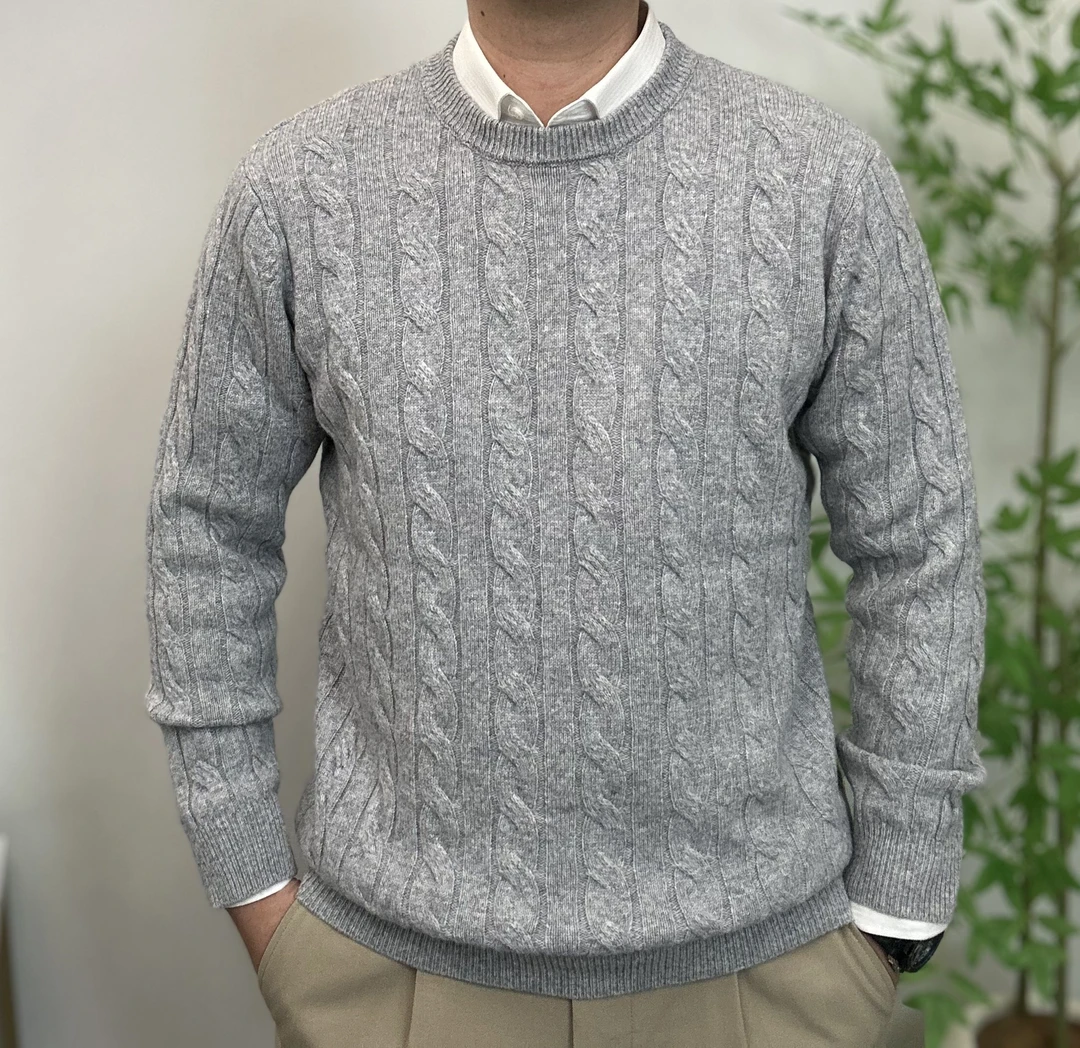 100羊毛加厚时尚经典绞花圆领气质风加厚全羊毛男士针织