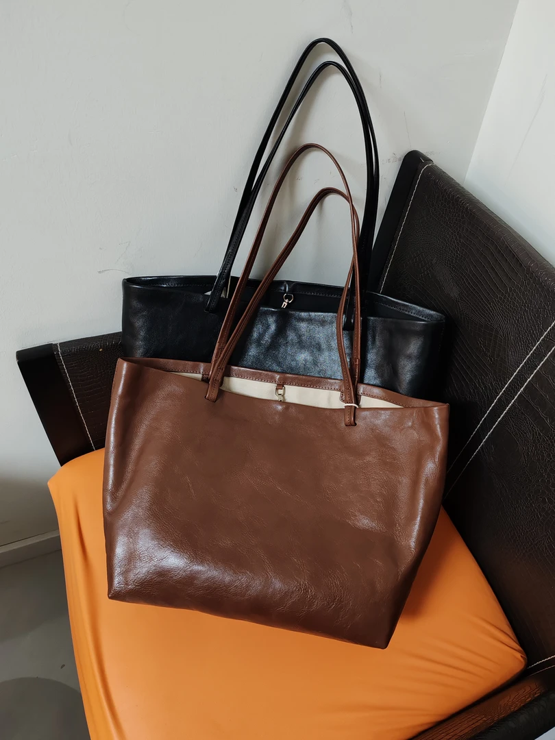 诗山圆托特包大容量经典黑色时尚大气通勤头层牛皮