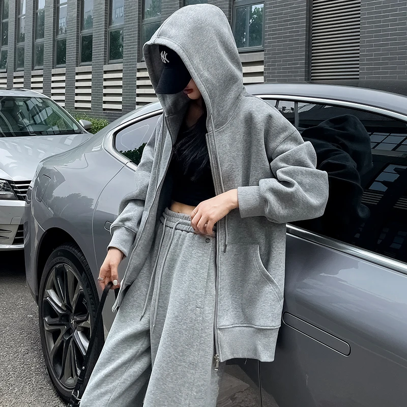 春秋季卫衣女2024新款爆款宽松休闲连帽拉链上衣灰色韩版运动外套