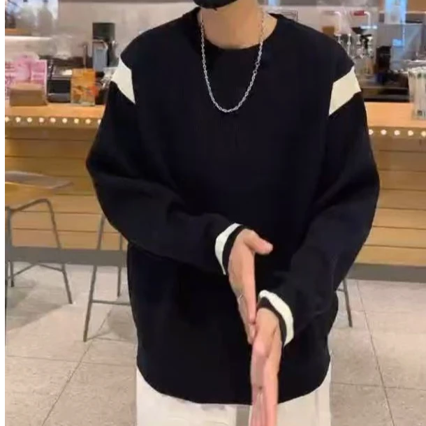 美式复古拼色毛衣男士长袖时尚休闲宽松圆领韩版秋冬