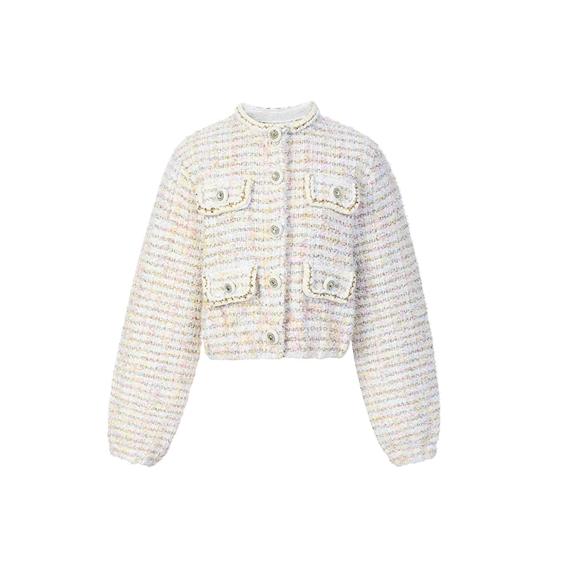 LE FAME/拉飞姆2025年春季新品淡黄色彩点宽松针织外套小香风夹克