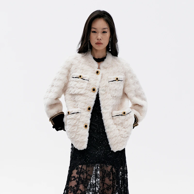 LE FAME/拉飞姆冬季千鸟格剪花绵羊毛外套女