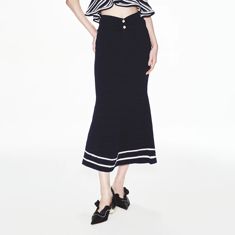 LE FAME/拉飞姆黑色金属扣弹力针织鱼尾裙毛织半裙