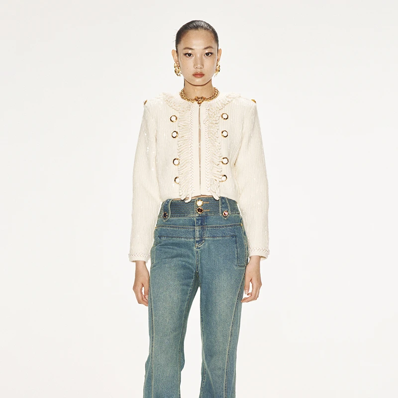 LE FAME/拉飞姆新品珠片绣花亮片流苏亲肤舒适毛织开衫