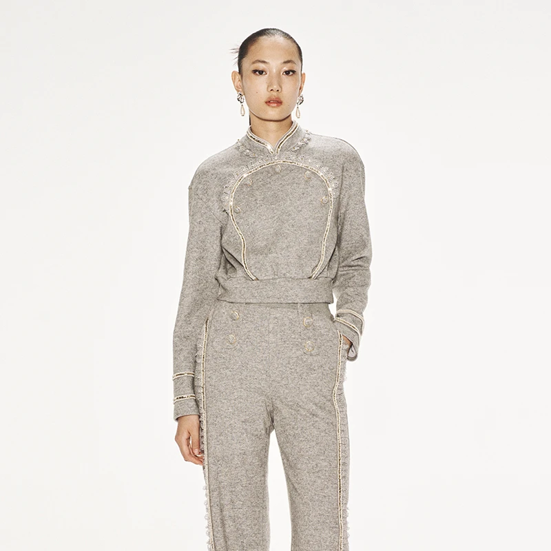 LEFAME/拉飞姆度假休闲华丽花边旗袍领灰色中式卫衣