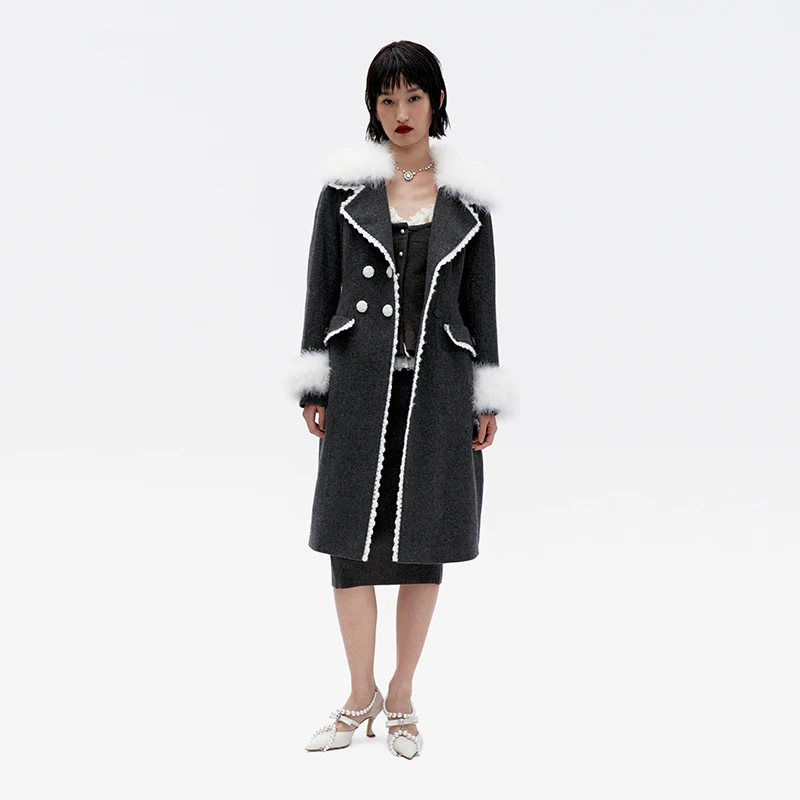 LE FAME/拉飞姆2024年冬季新品长西装式廓形收腰A摆呢料大衣