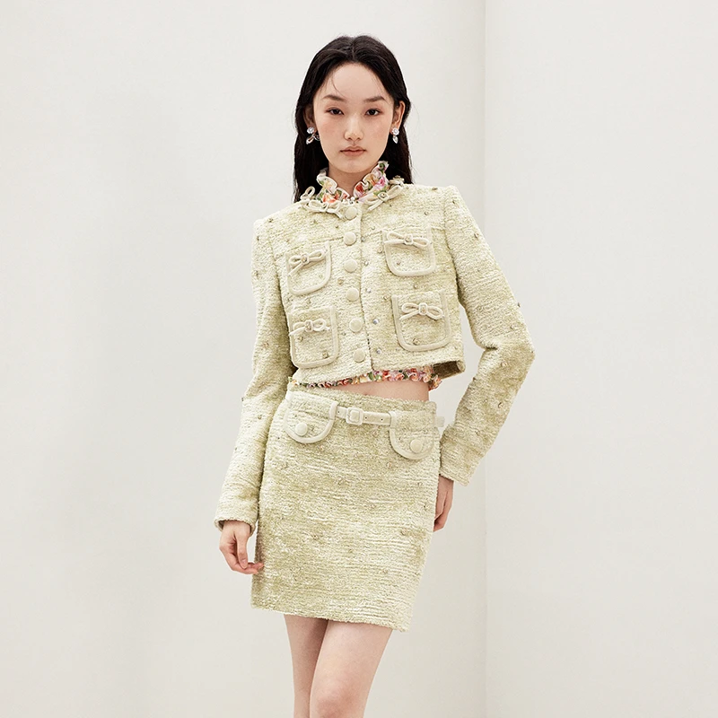 LE FAME/拉飞姆2025年春季新品春日氛围感立体蝴蝶结钉珠短外套