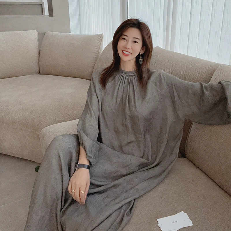 福洱【希腊风情】新中式宽松连衣裙长袖时尚慵懒风长款女.5Y01230