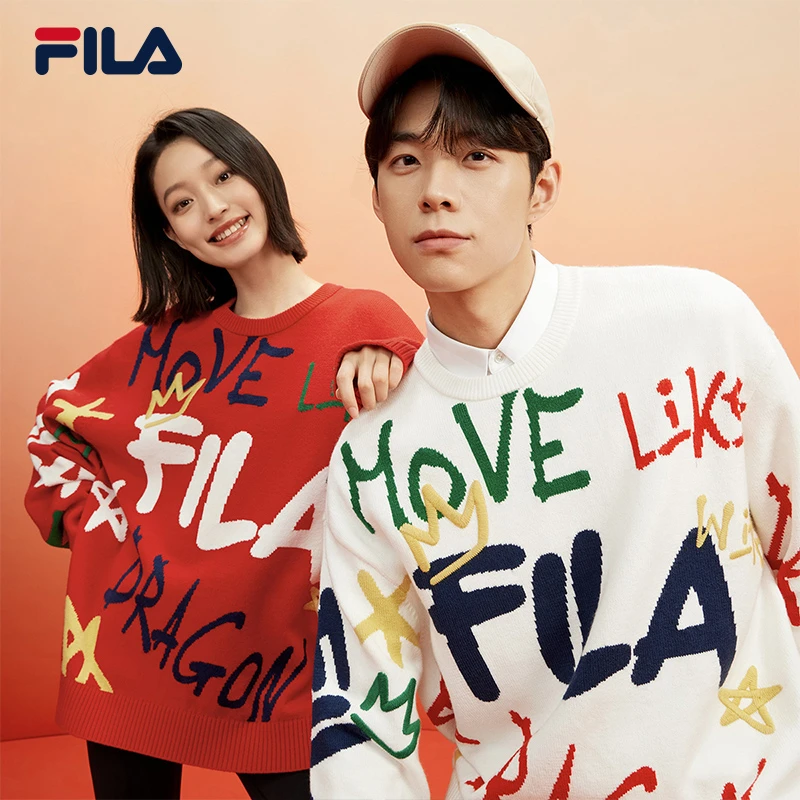 Fila/斐乐情侣同款【新年氛围】龙年复古圆领红色毛衣 F11U419402F