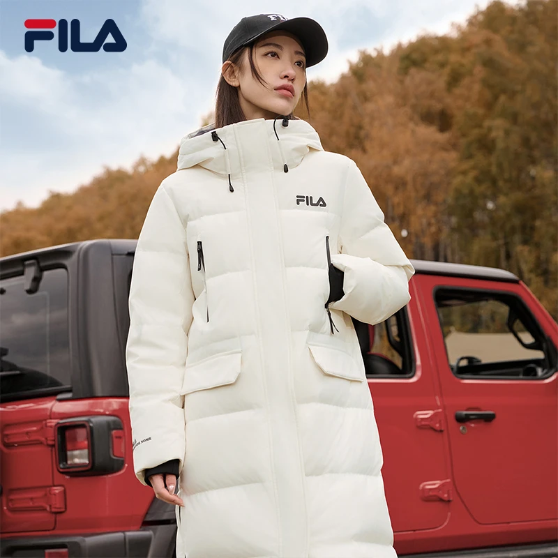 Fila/斐乐冬季女士羽绒服防风保暖长款连帽加厚休闲户外运动外套
