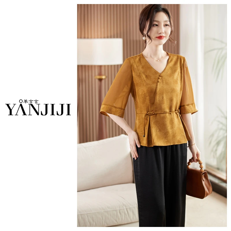 新中式妈妈夏装套装国风t恤小衫2025新款洋气中老年人母亲节衣服