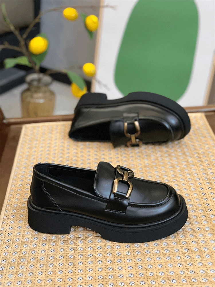 881福鞋英伦风小皮鞋女鞋粗跟黑色一脚蹬软皮单鞋子