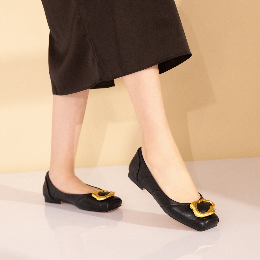 PACO GIL新款真皮职业方头通勤不累脚一脚蹬平底单鞋女鞋