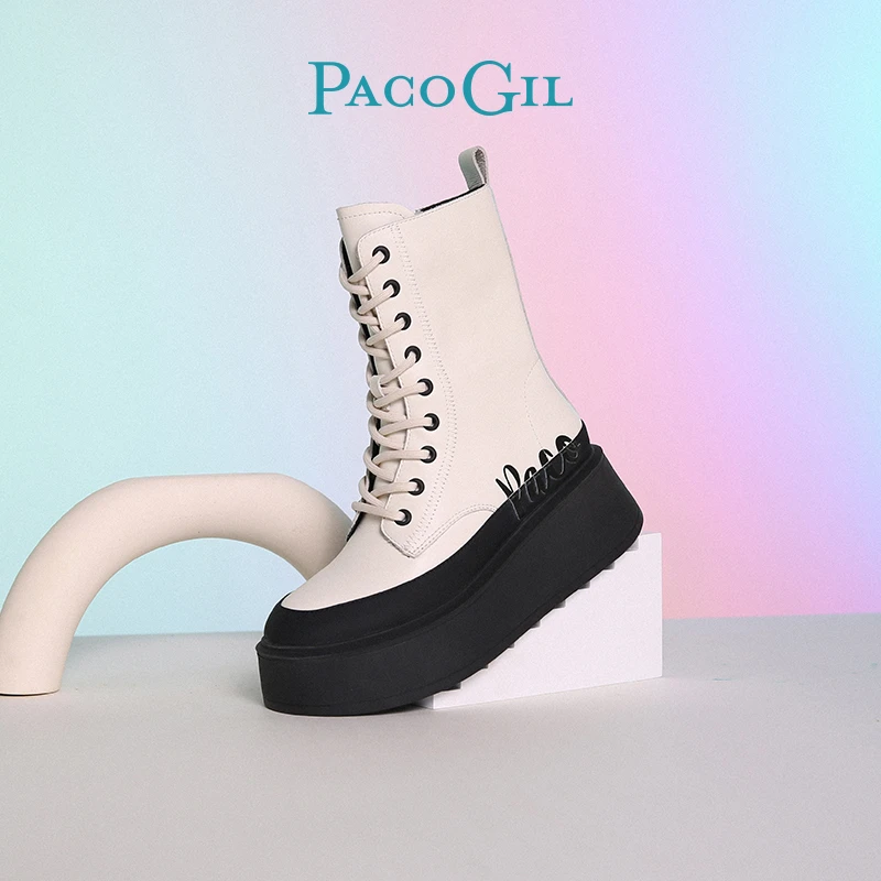 PACO GIL中筒靴时尚甜辣真皮马丁靴厚底前系带百搭女靴 XPB52051