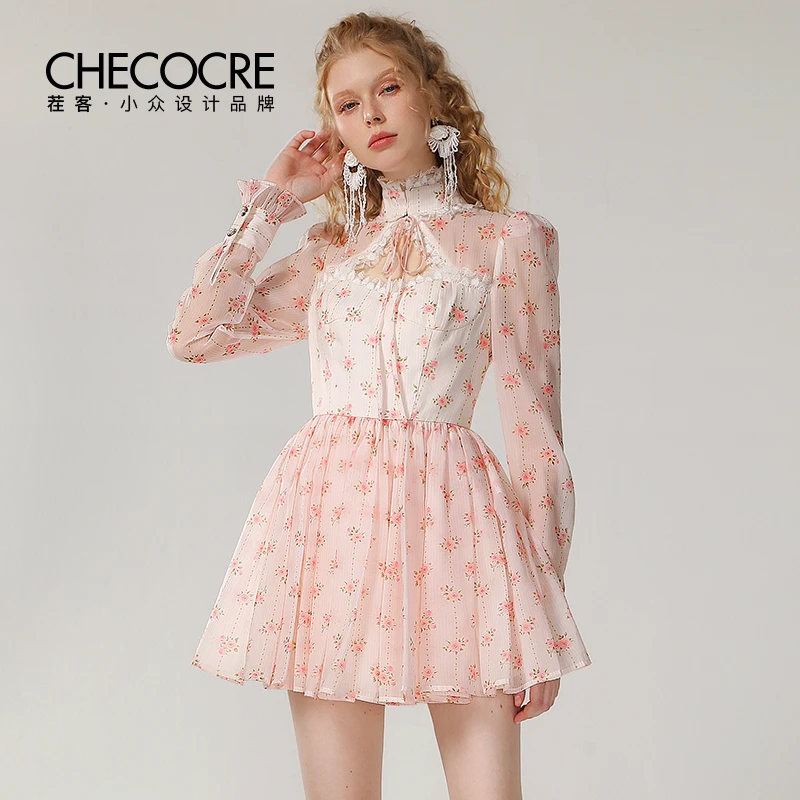 茬客法式甜美印花荷叶边立领镂空系带欧根纱蓬蓬裙女CM490553