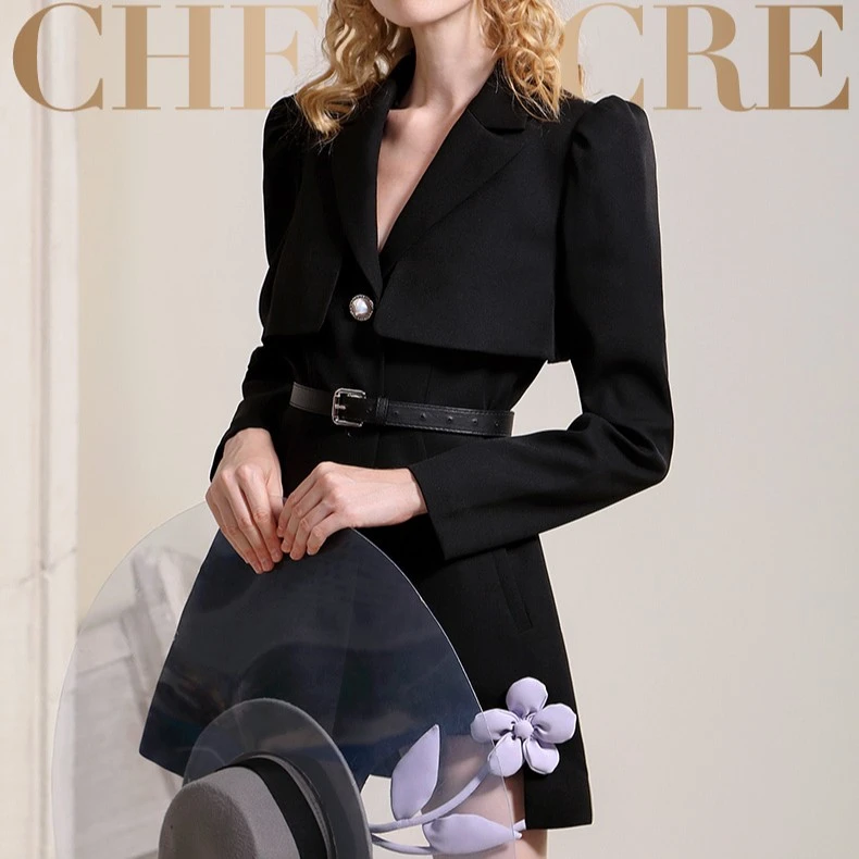 茬客别致立体花朵镂空黑色西装裙气质简约职业通勤连衣裙CM700149