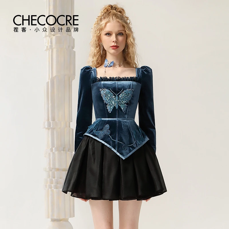 茬客法式复古风丝绒连衣裙刺绣蝴蝶贴花优雅气质礼服裙女CM490554