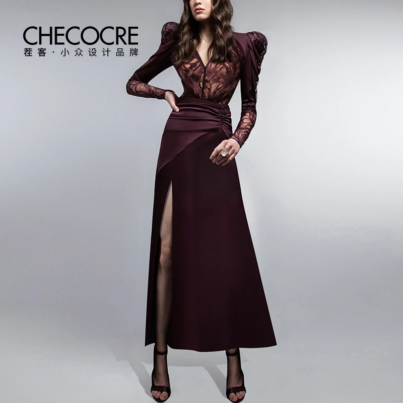 茬客气质黑色礼服裙宴会女性感开叉v领优雅蕾丝连衣裙MM380993